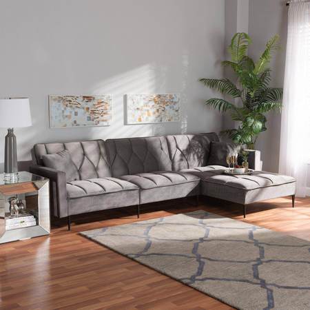 Baxton Studio Galena Contemporary Grey Velvet and Black Metal Sleeper Sectional Sofa with Right Facing Chaise 182-11668-Zoro